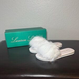 Lauren White Fluffy White Slide Sandals